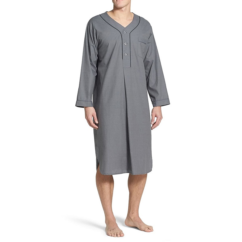 Hombre Pijamas Ropa de salón Bata de noche Pijama 1 pc Color puro Moda Confort Suave Hogar Cama Poliéster Transpirable Escote en V Manga Larga Básico Primavera Otoño Negro Blanco 2026 - $28.99 –P3