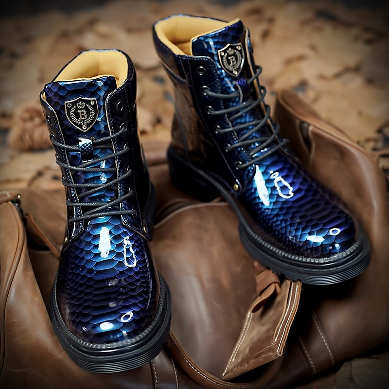 Botines de charol con estampado de pitón azul para hombre con diseño de cordones: botas llamativas y de alto brillo para looks casuales y de noche a la moda 2025 - $64.99 –P2