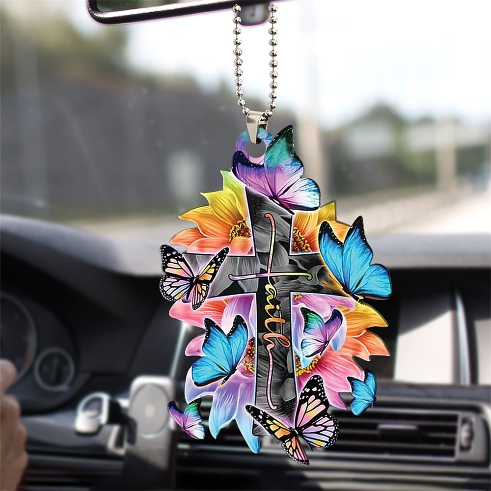 korsvinge gud tro ros rosig fjäril kristen minnesmärke jesus bil backspegel tillbehör julgran prydnad dekoration hängande charm interiör bakre hänge dekor gåva 2026 - $12.99 –P6