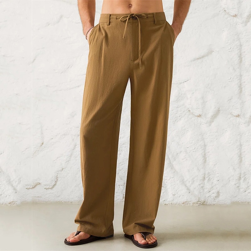 Mens Casual Pants 2024 Summer Comfy Cotton Linen Baggy Pants Elastric Waist  Drawstring Solid Athletic Pocket Trousers