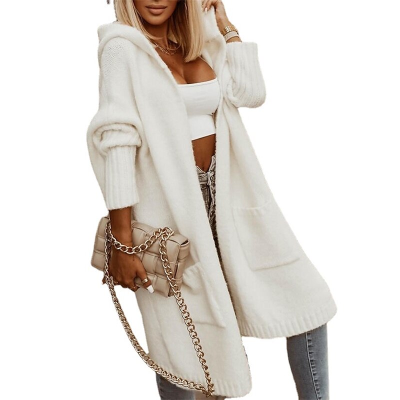 Women's Cardigan Sweater Hooded Ribbed Knit Polyester Knitted Fall Winter Tunic Outdoor Daily Holiday Stylish Casual Soft Long Sleeve Letter White S M L 2023 - US $38.99 –P3
