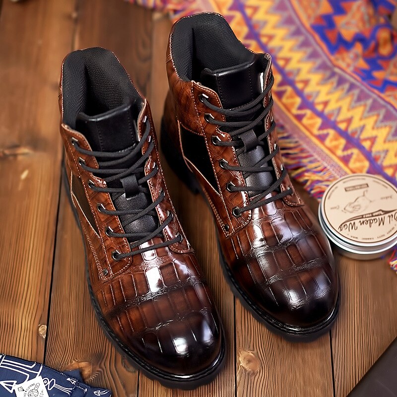 Men's Brown Faux Leather Lace-Up Boots with Crocodile Pattern and Rugged Sole, Stylish and Durable for Outdoor and Casual Wear 2025 - $59.99 –P3