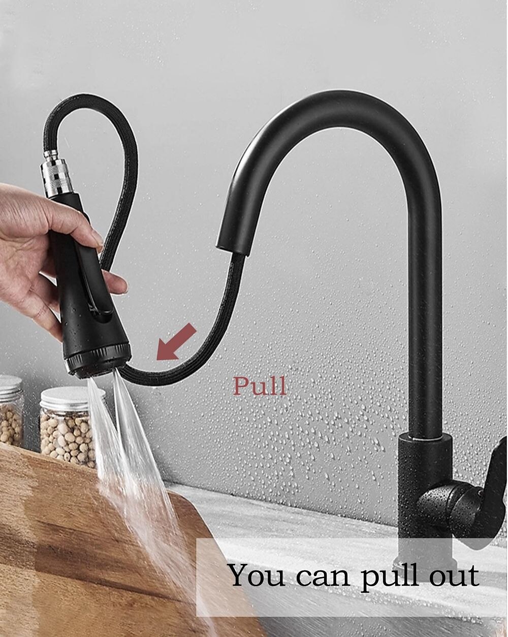 Robinet de cuisine avec pulvérisateur, laiton noir mat 4 fonctions monocommande design à bouton unique extractible / extractible centerset robinets de cuisine contemporains (avec distributeur de de 2025 ? $129.99 –P4