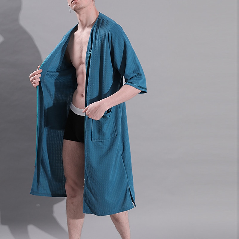 Per uomo Accappatoio Accappatoi Pigiami 1 pc Colore puro Di tendenza Comoda Morbido Interni Da letto Poliestere Traspirante Spacco a V Manica corta Di base Autunno Primavera Bianco Blu marino del 2025 a $23.99 –P4