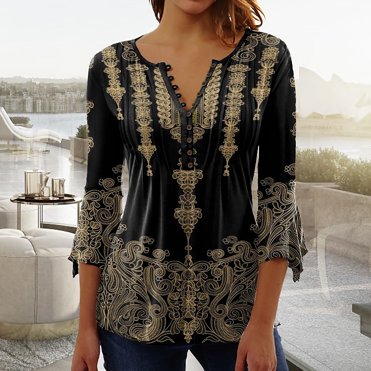 Women's T shirt Long Sleeve Blouse Graphic Vintage Basic Long Sleeve Round Neck Regular Tops Casual Weekend Buttons Print Black Spring Fall Prefall 2025 - $27.99 –P1
