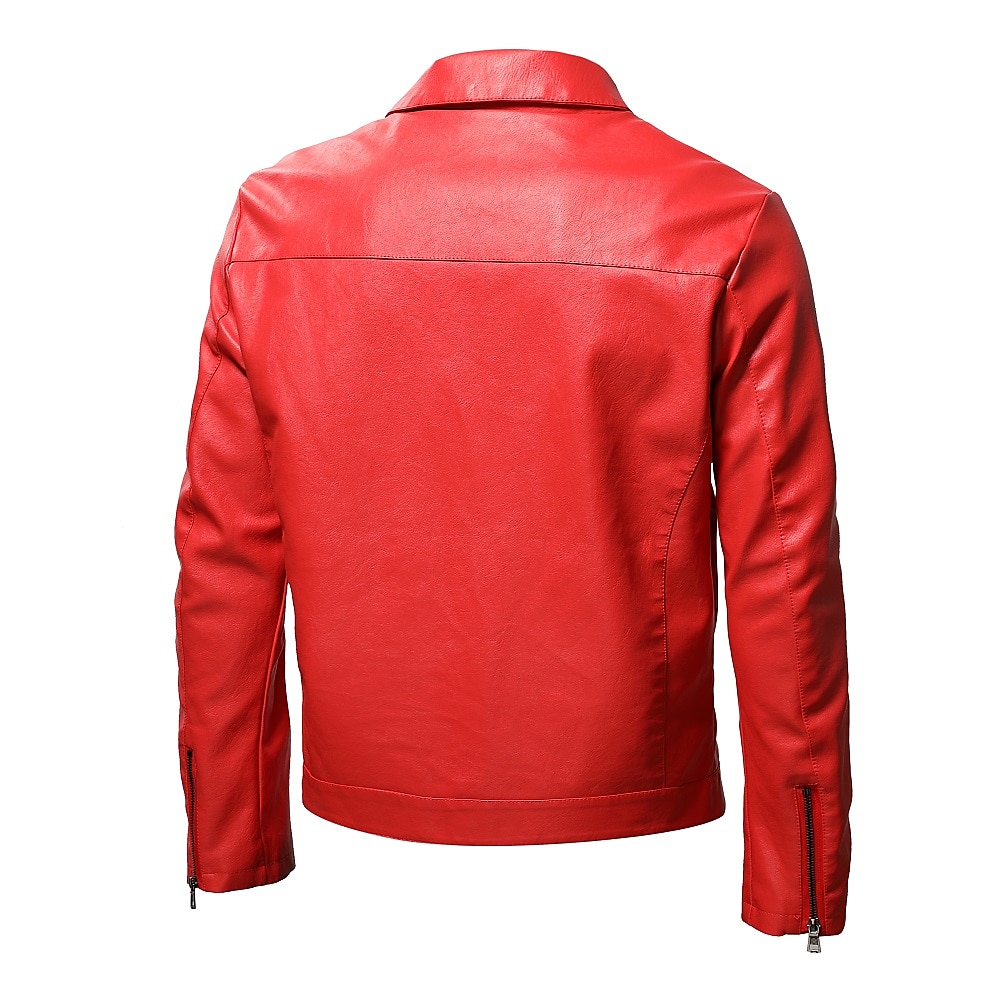 Herren Kunstlederjacke übergangsjacke Bikerjacke Rote Lederjacke Party Alltagstauglich Thermowarm Winddicht Kunstpelzbesatz Herbst Einfarbig Punk Mode Revers Regulär Kunstleder Schlank Schwarz Rote 2025 - $51.99 –P5
