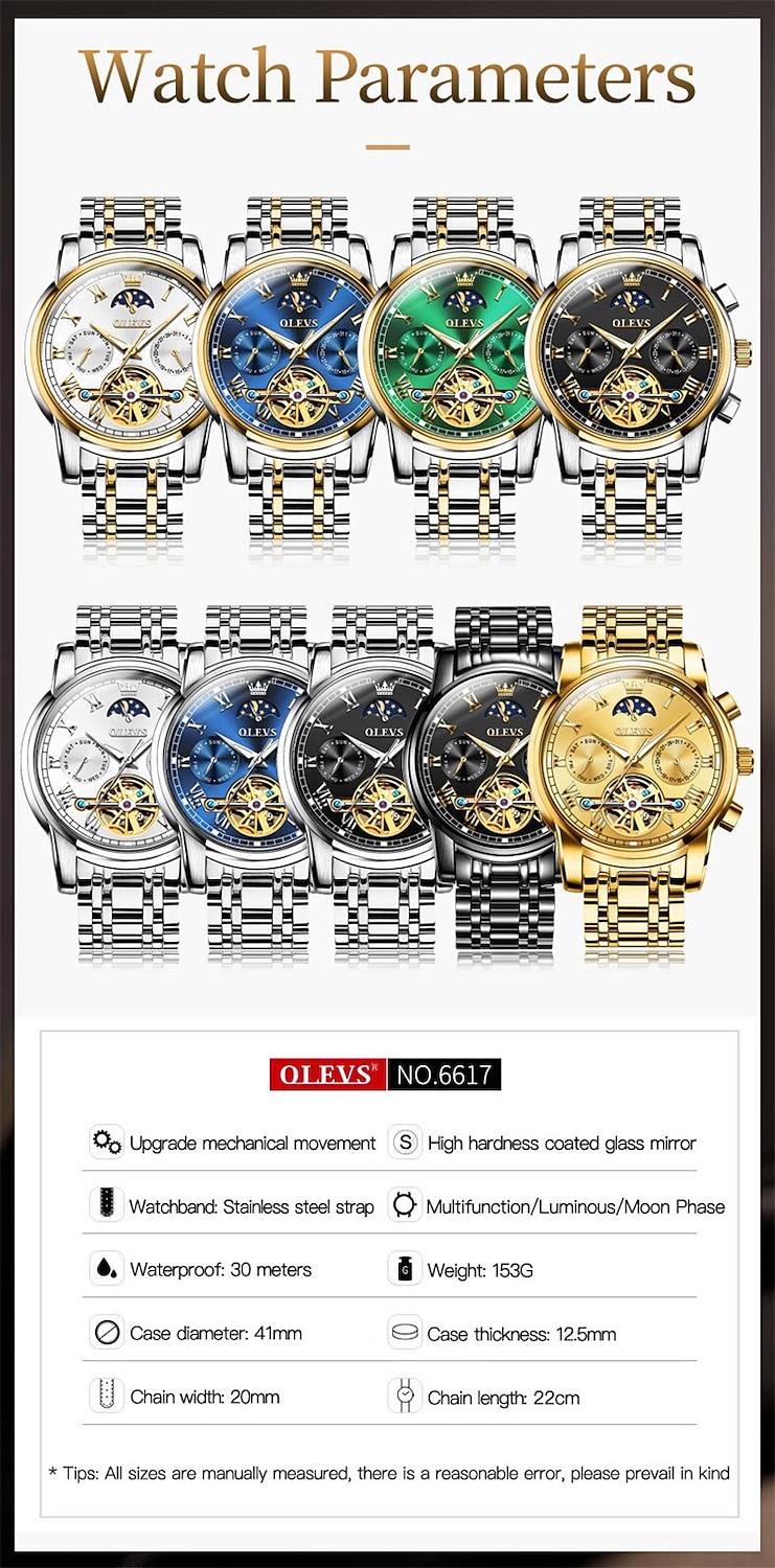 OLEVS мужские механические часы календарь роскошные водонепроницаемые модные автоматические самозаводные часы с фазами луны светящиеся из нержавеющей стали 2026 - $94.99 –P17