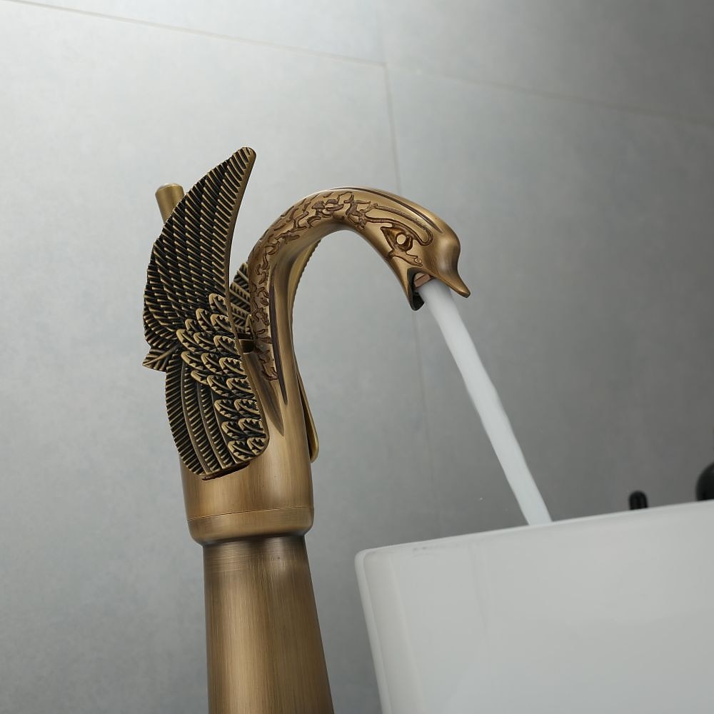 Antique Bathroom Sink Mixer Faucet, Washroom Basin Taps Brass Swan Shape Copper Electroplated Finish Vintage Style Single Handle One Hole Water Taps with Cold Hot Hose 2025 - $97.99 –P11