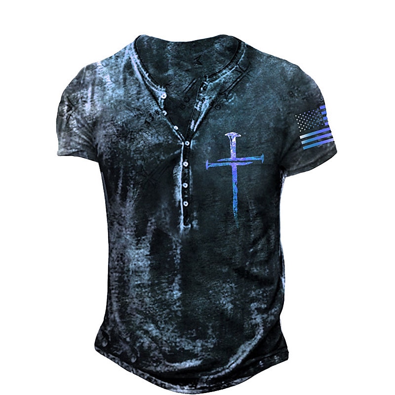 Homme Graphic Croix Drapeau américain T shirt Chemise Henley Shirt Tee Manche Courte 3D effet Design basique Décontractées Extérieur du quotidien Des sports Eté Noir / Blanc Bleu Marron Gris Clair de 2025 ? $20.99 –P4