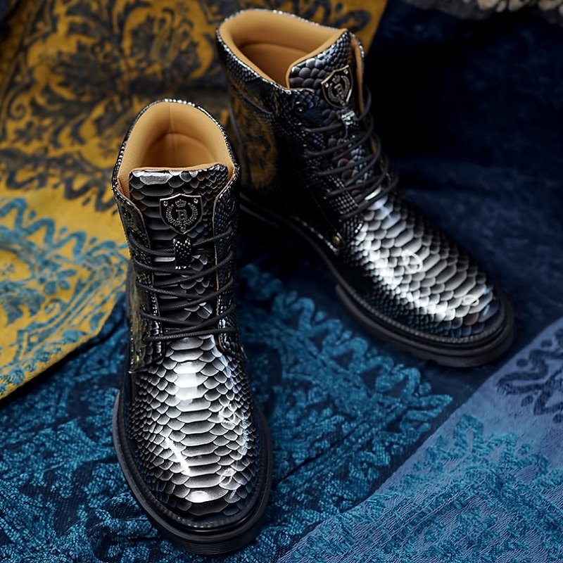 Botines de charol con estampado de pitón azul para hombre con diseño de cordones: botas llamativas y de alto brillo para looks casuales y de noche a la moda 2025 - $64.99 –P9
