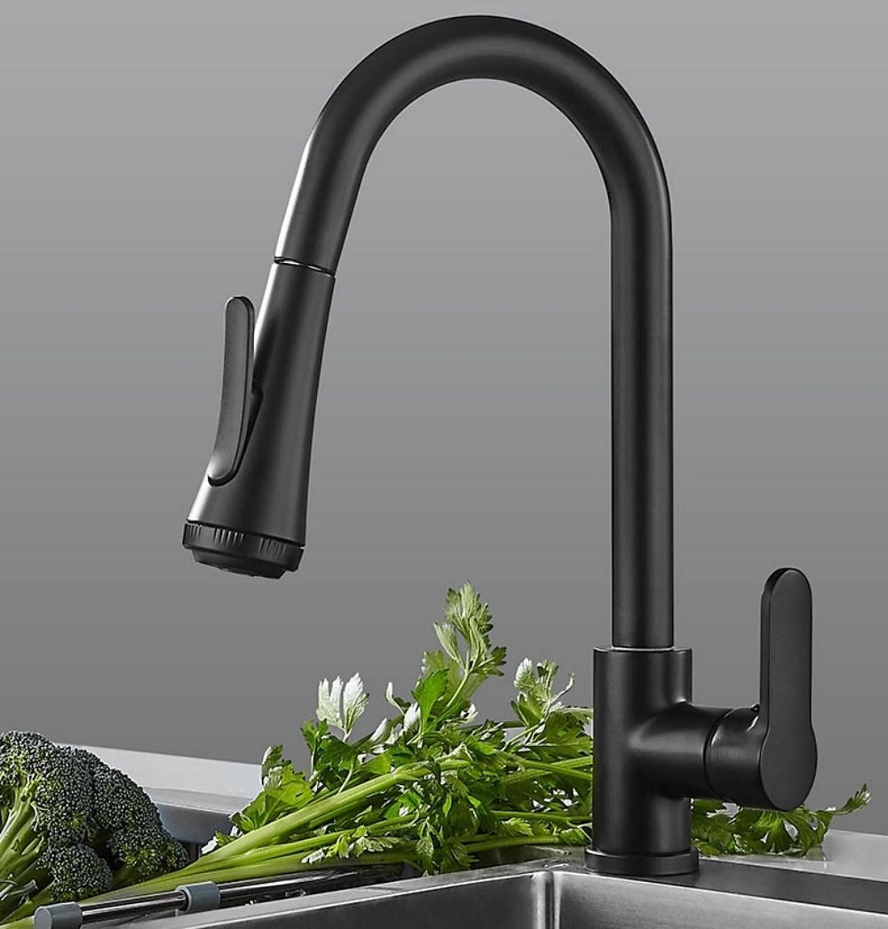 Robinet de cuisine avec pulvérisateur, laiton noir mat 4 fonctions monocommande design à bouton unique extractible / extractible centerset robinets de cuisine contemporains (avec distributeur de de 2025 ? $129.99 –P10