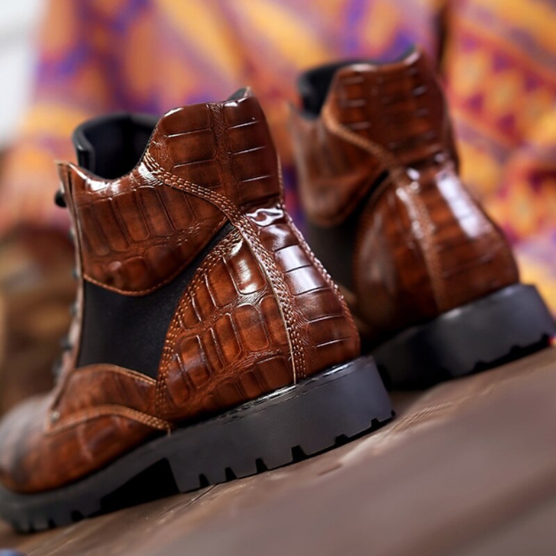 Men's Brown Faux Leather Lace-Up Boots with Crocodile Pattern and Rugged Sole, Stylish and Durable for Outdoor and Casual Wear 2025 - $59.99 –P15