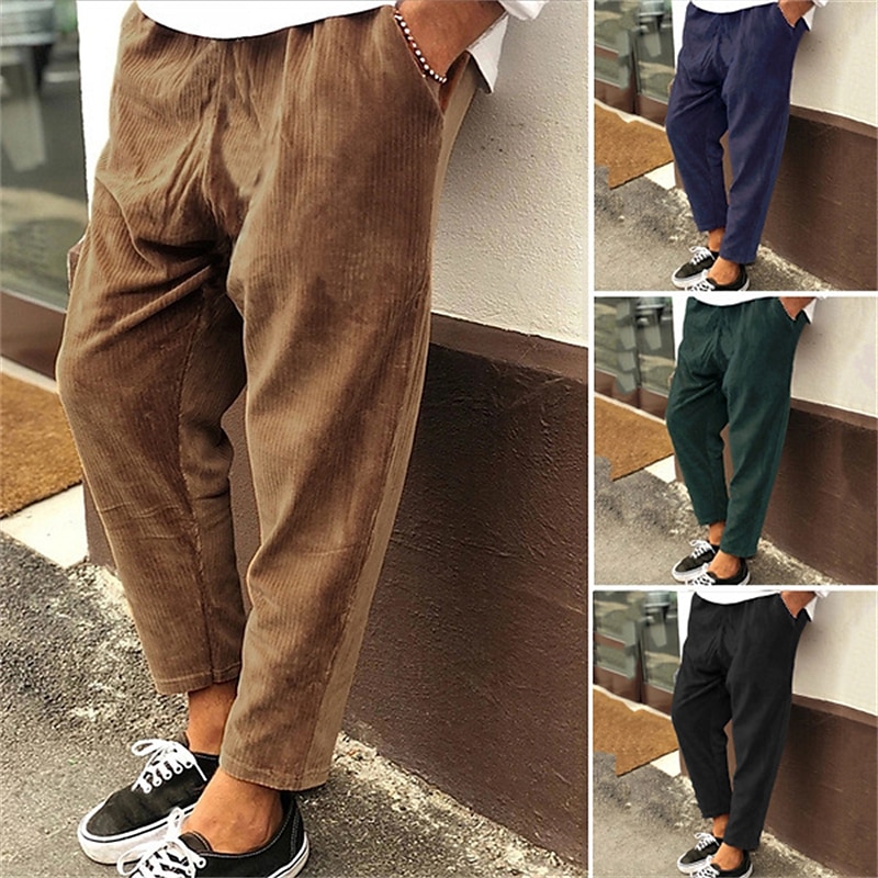 Men's Corduroy Pants Winter Pants Trousers Cropped Pants Casual Pants Drawstring Elastic Waist Straight Leg Solid Color Comfort Warm Casual Daily Streetwear Sports Fashion Loose Fit Black Blue 2025 - $20.99 –P1
