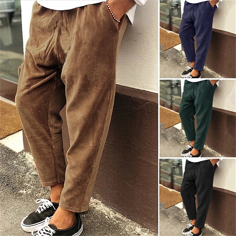 Men Pocket Casual Soft Corduroy Pants Elastic Waist Straight Leg Loose  Trousers