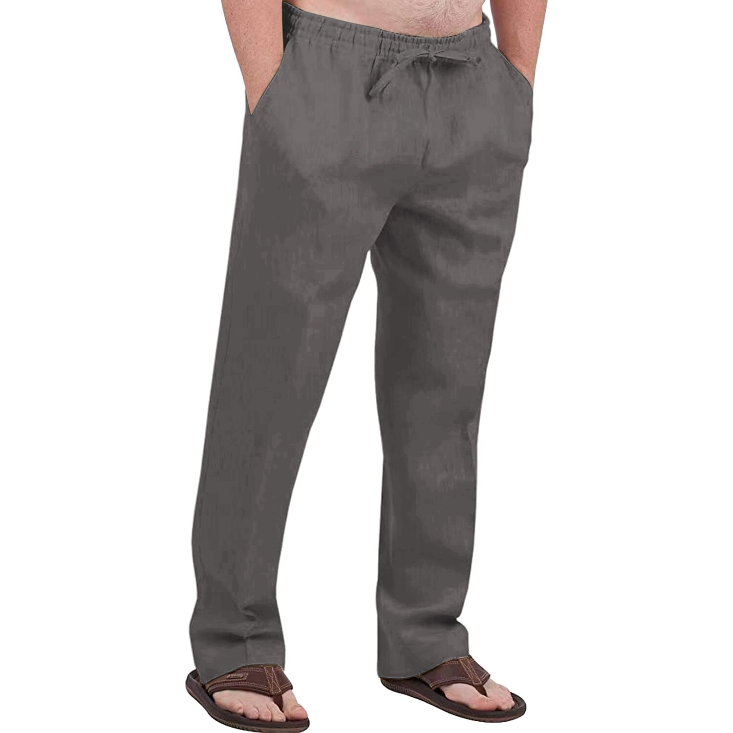 Men's Linen Pants Trousers Summer Pants Drawstring Elastic Waist Front Pocket Plain Comfort Soft Casual Daily Cotton Blend Fashion Classic Gray Green White 2025 - $17.99 –P13