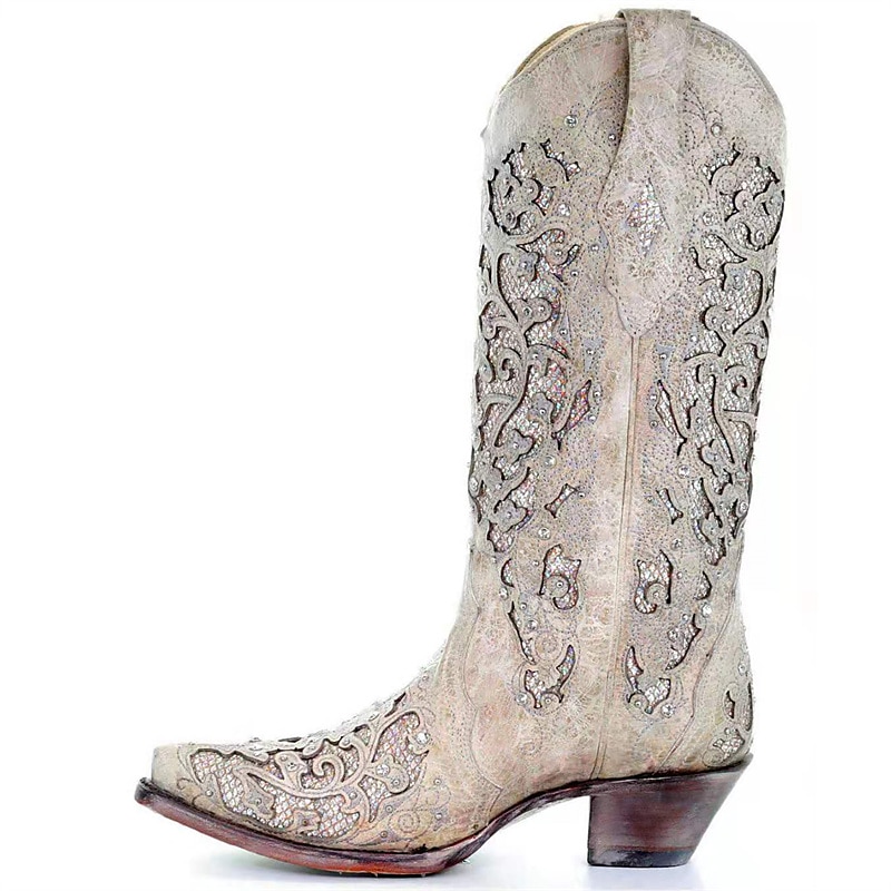 Women's Mid Calf Boots Vintage-Style White Western Cowboy Boots with Embroidery and Rhinestone Accents for Festivals and Everyday Wear 2025 - $84.99 –P2