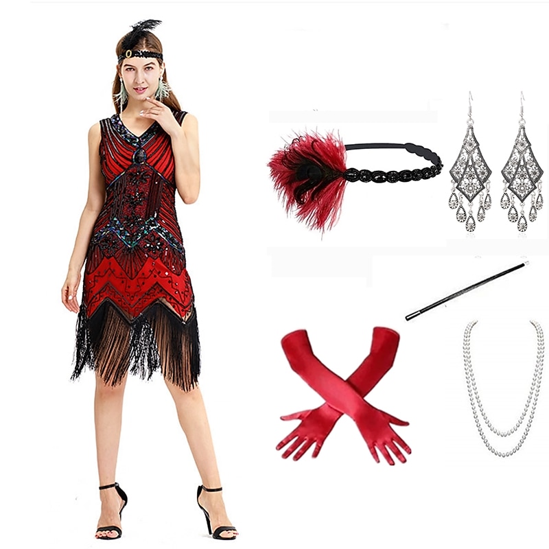 Anni Ruggenti Ispirato al vintage Il grande Gatsby Lunghezza corta Abito Flapper Vestito Abiti Senza maniche Il grande Gatsby Invitato al matrimonio Paillettes Frangia con nappe Paillettes Scollo a V del 2025 a $73.99 –P5