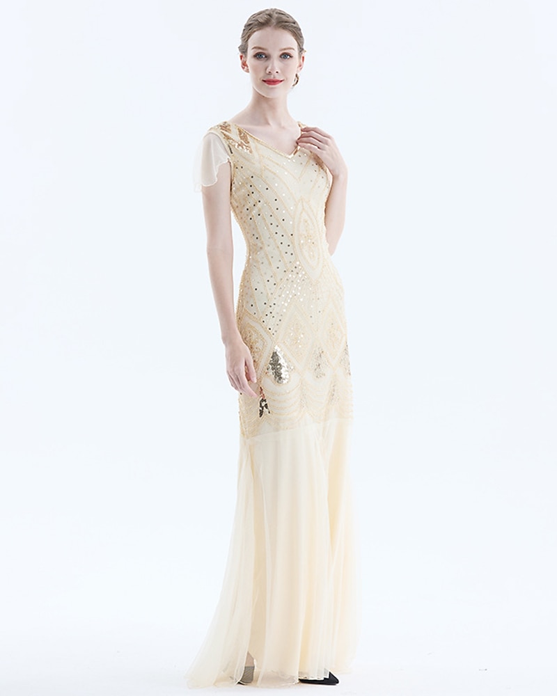 Rugido 20s 1920s Maxi Hasta el Tobillo Vestidos Vestido de noche Vestido de fiesta de graduación Normal Mangas cortas El gran Gatsby charlestón Invitado a la boda Lentejuelas Geométrico Corte 2026 - $56.99 –P18