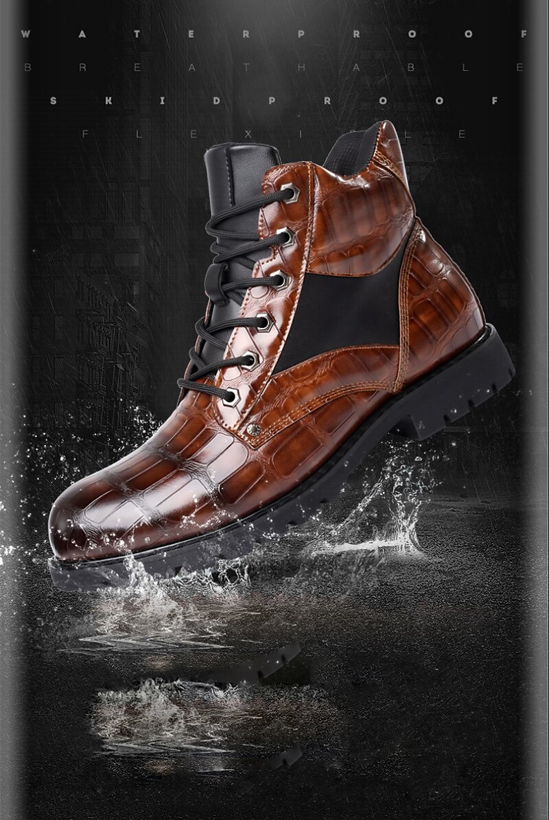 Men's Brown Faux Leather Lace-Up Boots with Crocodile Pattern and Rugged Sole, Stylish and Durable for Outdoor and Casual Wear 2025 - $59.99 –P7