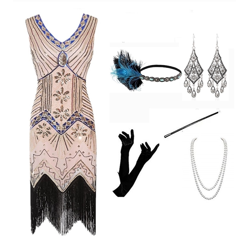 Anni Ruggenti Ispirato al vintage Il grande Gatsby Lunghezza corta Abito Flapper Vestito Abiti Senza maniche Il grande Gatsby Invitato al matrimonio Paillettes Frangia con nappe Paillettes Scollo a V del 2025 a $73.99 –P2
