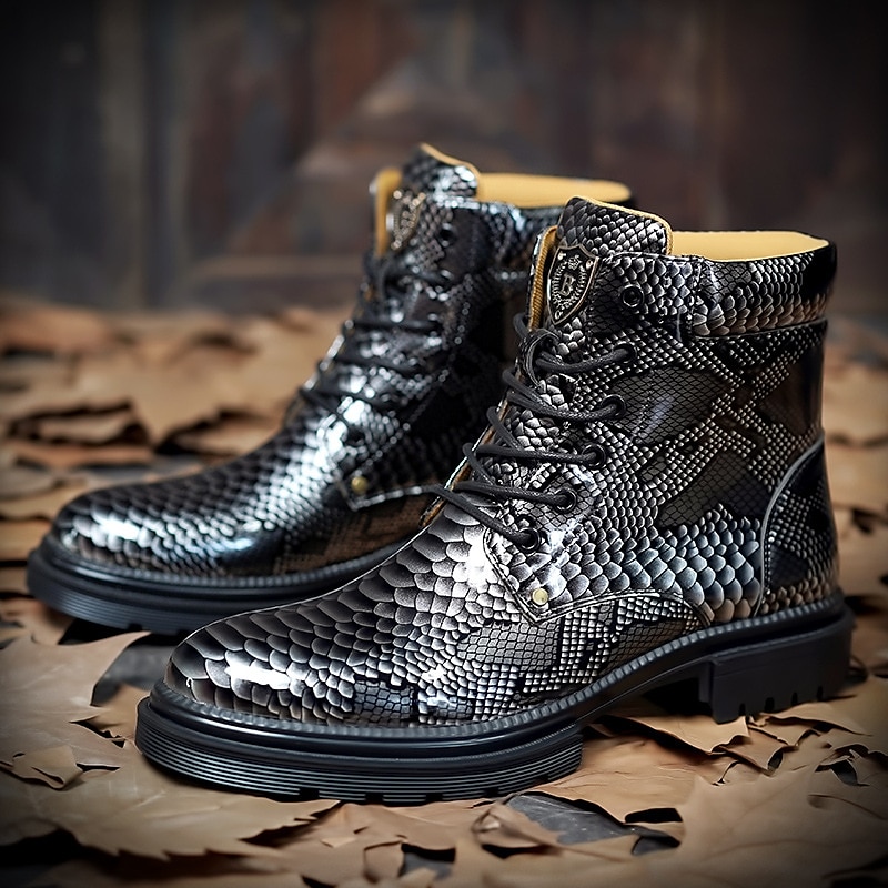 Botines de charol con estampado de pitón azul para hombre con diseño de cordones: botas llamativas y de alto brillo para looks casuales y de noche a la moda 2025 - $64.99 –P8