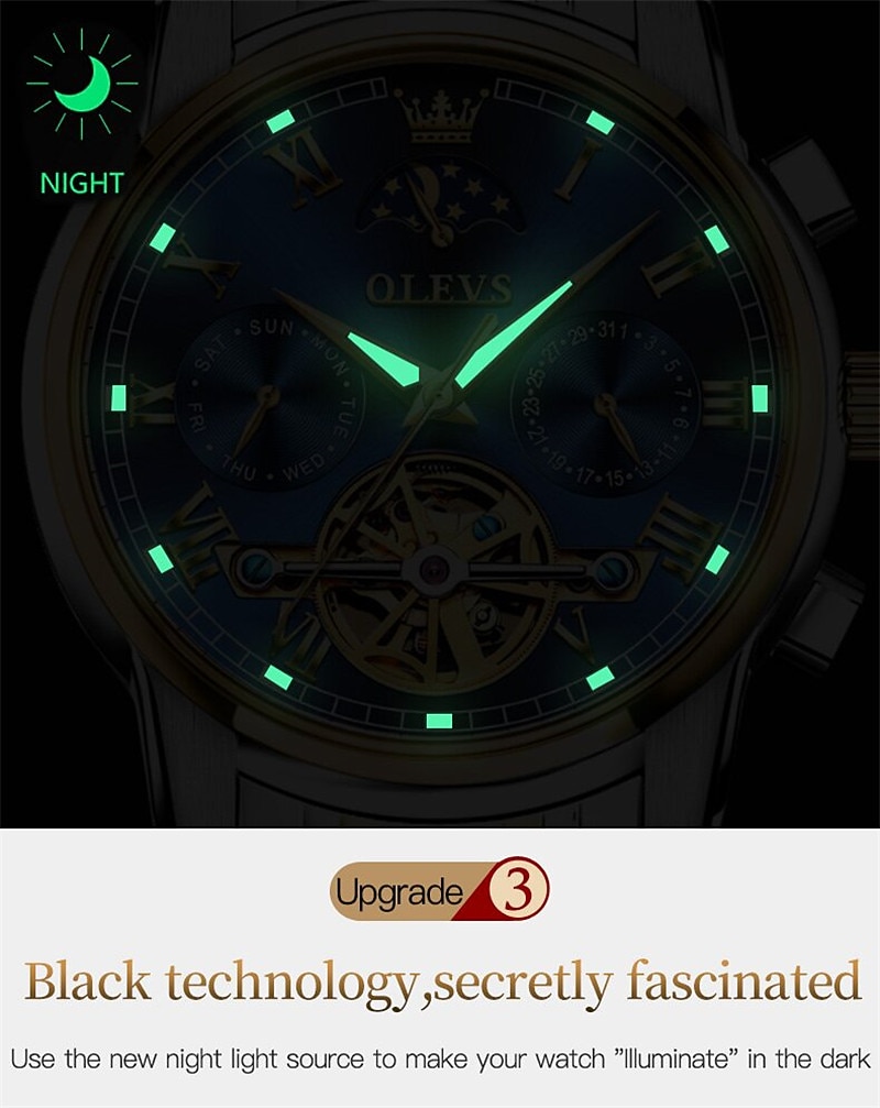 OLEVS мужские механические часы календарь роскошные водонепроницаемые модные автоматические самозаводные часы с фазами луны светящиеся из нержавеющей стали 2026 - $94.99 –P10