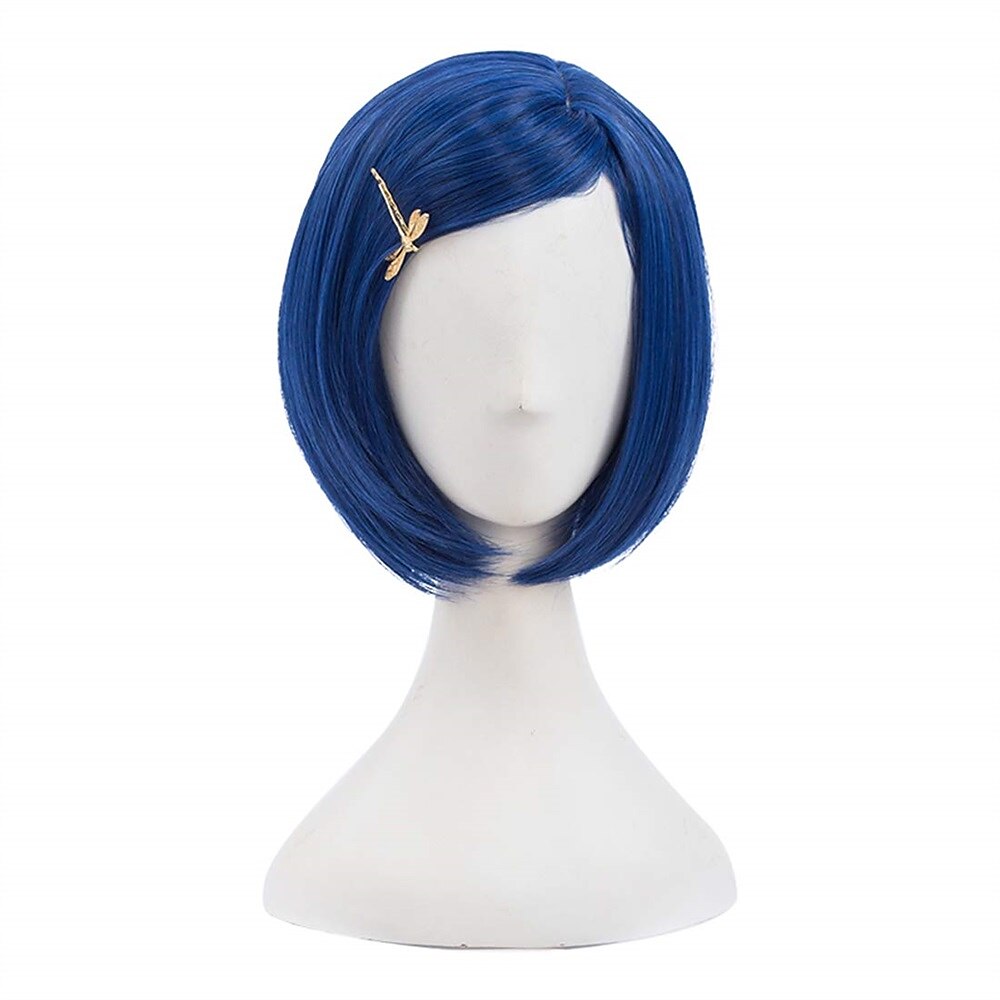 Morticia curto liso azul feminino bob peruca infantil com grampo de cabelo libélula de ouro de 2025 por $32.99 –P1