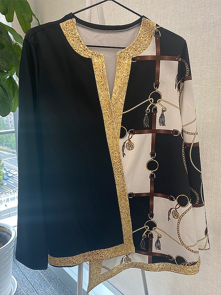 Blusa Feminina Plus Size Elegante Vintage Moda Bloco de Cor Estampa Tops Regulares Decote em V Trabalho Casual Preto Branco Vermelho Vinho Dourado Primavera Outono de 2026 por $28.99 –P2