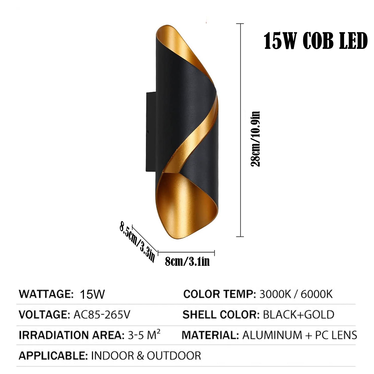 15 Вт открытый всепогодный настенный светильник 10,9-дюймовый современный светодиодный настенный светильник из черного золота / платины, литой алюминиевый настенный светильник для крыльца, сада, 2025 - $77.99 –P3