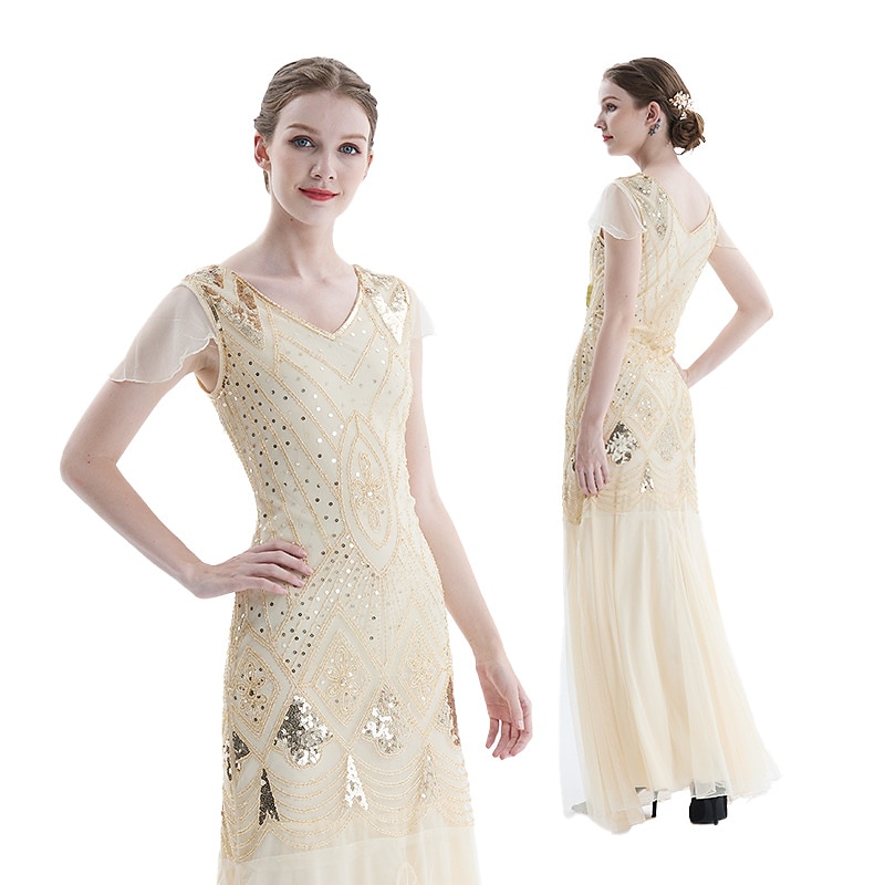 Rugido 20s 1920s Maxi Hasta el Tobillo Vestidos Vestido de noche Vestido de fiesta de graduación Normal Mangas cortas El gran Gatsby charlestón Invitado a la boda Lentejuelas Geométrico Corte 2026 - $56.99 –P17