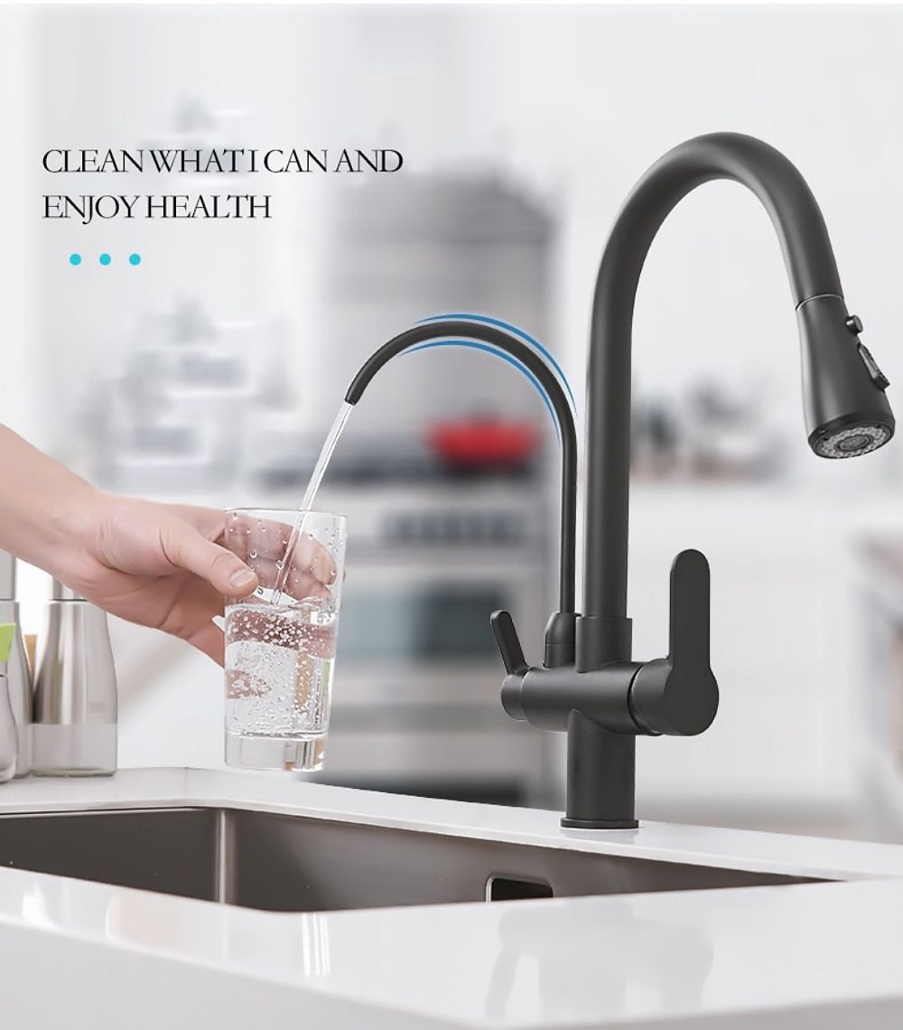aanrecht mengkraan uittrekbare sproeier met zeepdispenser, 360 draaibare zwarte enkele handgreep messing kranen naar beneden trekken, op het dek gemonteerde warm koud water slang filterkraan 2026 - $178.99 –P8