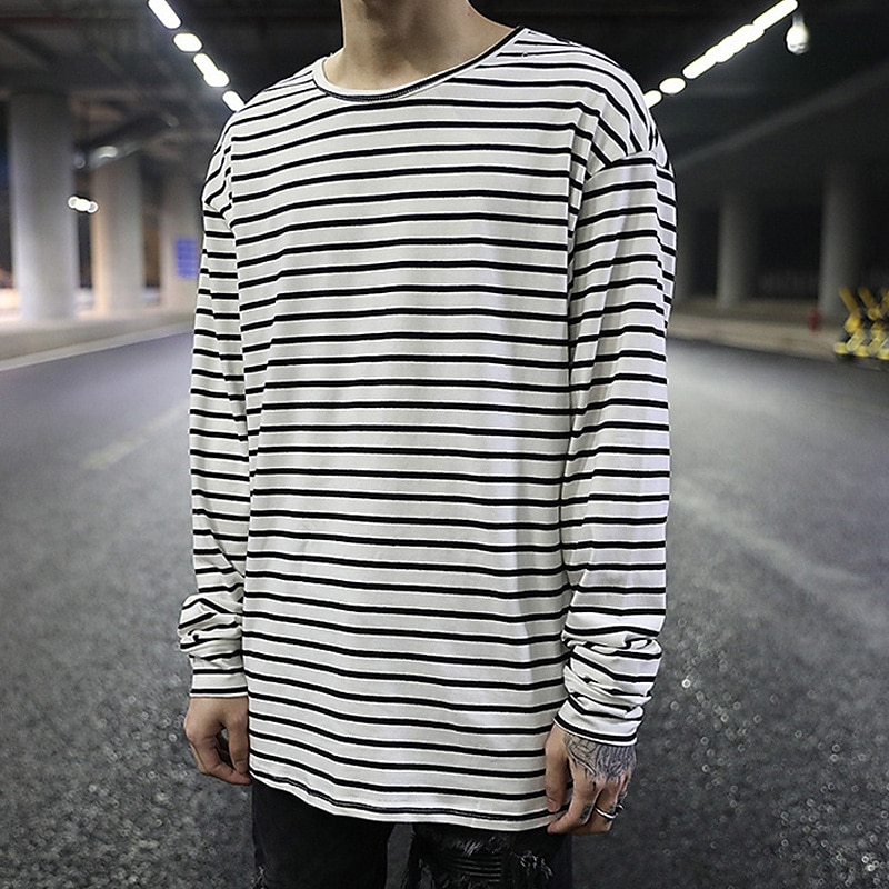 Men's T Shirt Long Sleeve Shirt Long Sleeve Crew Neck Spring Fall Striped Lightweight Casual Comfortable Vacation Casual Weekend Black White Top Tee for Men 2025 - $13.99 –P8