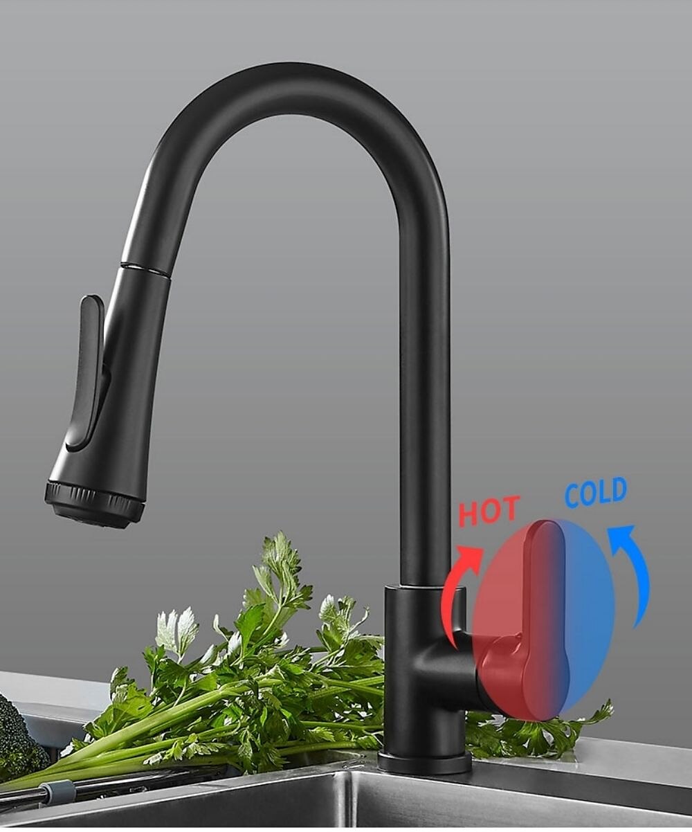Robinet de cuisine avec pulvérisateur, laiton noir mat 4 fonctions monocommande design à bouton unique extractible / extractible centerset robinets de cuisine contemporains (avec distributeur de de 2025 ? $129.99 –P3