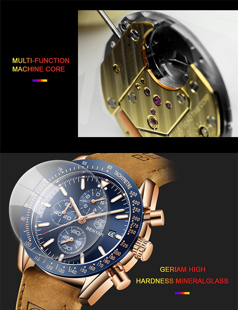 BENYAR Mens Quartz Watches  Chronograph Analog Quartz Movement Stylish Sports Designer Wrist Watch 30M Waterproof Elegant Gift Watch for Men 2025 - $51.99 –P7