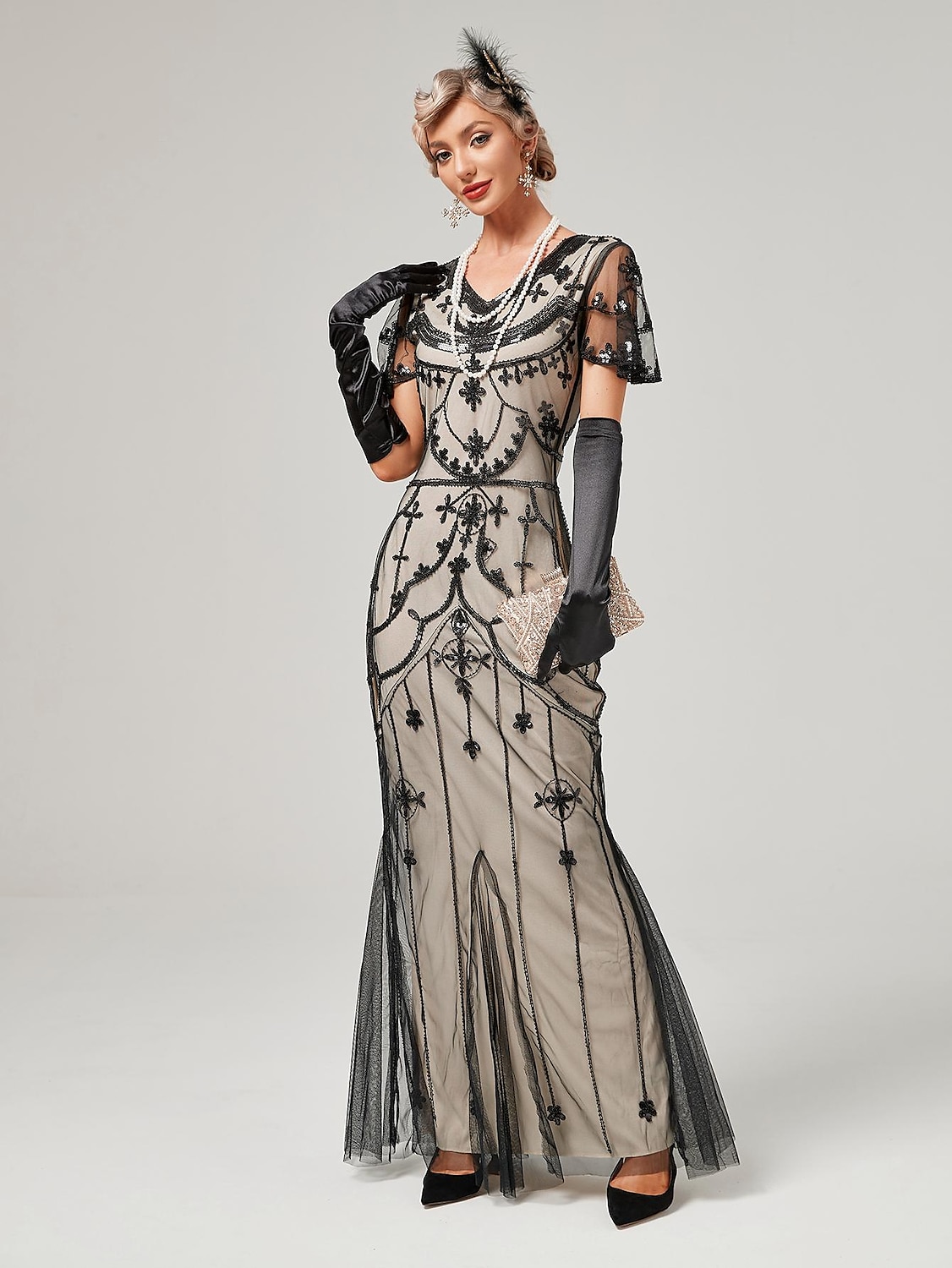 Anni Ruggenti Anni 1920 Lunghezza alla caviglia Vestito Abito da sera Abito da Ballo Normale Maniche corte Il grande Gatsby Charleston Invitato al matrimonio Paillettes Scollo a V Costume Per donna del 2026 a $56.99 –P5