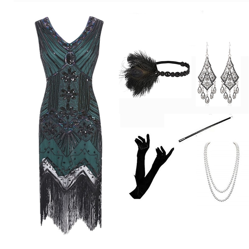 Anni Ruggenti Ispirato al vintage Il grande Gatsby Lunghezza corta Abito Flapper Vestito Abiti Senza maniche Il grande Gatsby Invitato al matrimonio Paillettes Frangia con nappe Paillettes Scollo a V del 2025 a $73.99 –P8