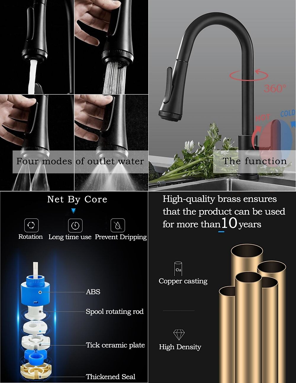 Robinet de cuisine avec pulvérisateur, laiton noir mat 4 fonctions monocommande design à bouton unique extractible / extractible centerset robinets de cuisine contemporains (avec distributeur de de 2025 ? $129.99 –P1