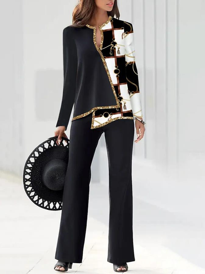 Blusa Feminina Plus Size Elegante Vintage Moda Bloco de Cor Estampa Tops Regulares Decote em V Trabalho Casual Preto Branco Vermelho Vinho Dourado Primavera Outono de 2026 por $28.99 –P1