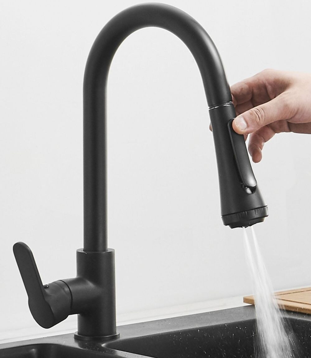 Robinet de cuisine avec pulvérisateur, laiton noir mat 4 fonctions monocommande design à bouton unique extractible / extractible centerset robinets de cuisine contemporains (avec distributeur de de 2025 ? $129.99 –P6