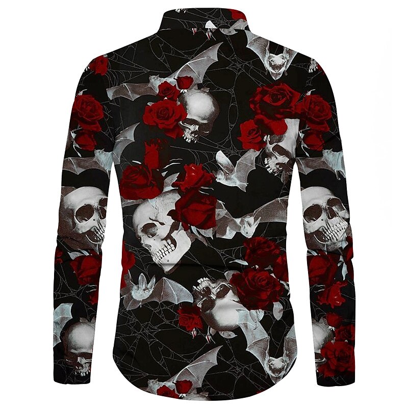 Per uomo Rosa Floreale Teschi Camicia Manica lunga Di tendenza Originale Informale Halloween Strada Informale Autunno inverno Collo ripiegabile Stampa Bottone giù Nero e rosso Vinaccia Nero Bianco del 2025 a $26.99 –P2
