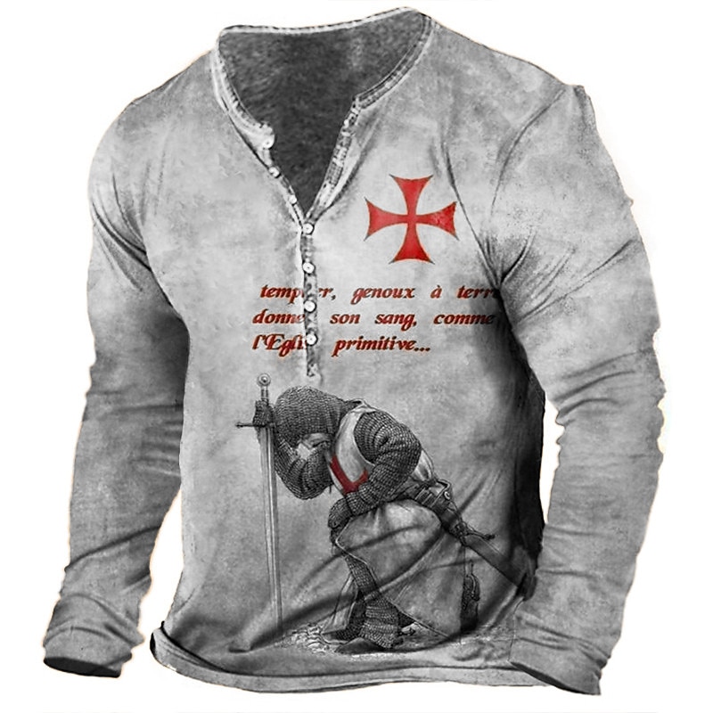 2025年 男性用 Tシャツ ヘンリーシャツ グラフィック テンプルクロス Soldier ヘンリー ライトグリーン ルビーレッド ブルー グリーン カーキ色 3Dプリント プラスサイズ アウトドア 日常 長袖 ボタンダウン プリント 衣類 スタイリッシュ ヴィンテージ ベーシック クラシック コレクション – $23.99 –P2