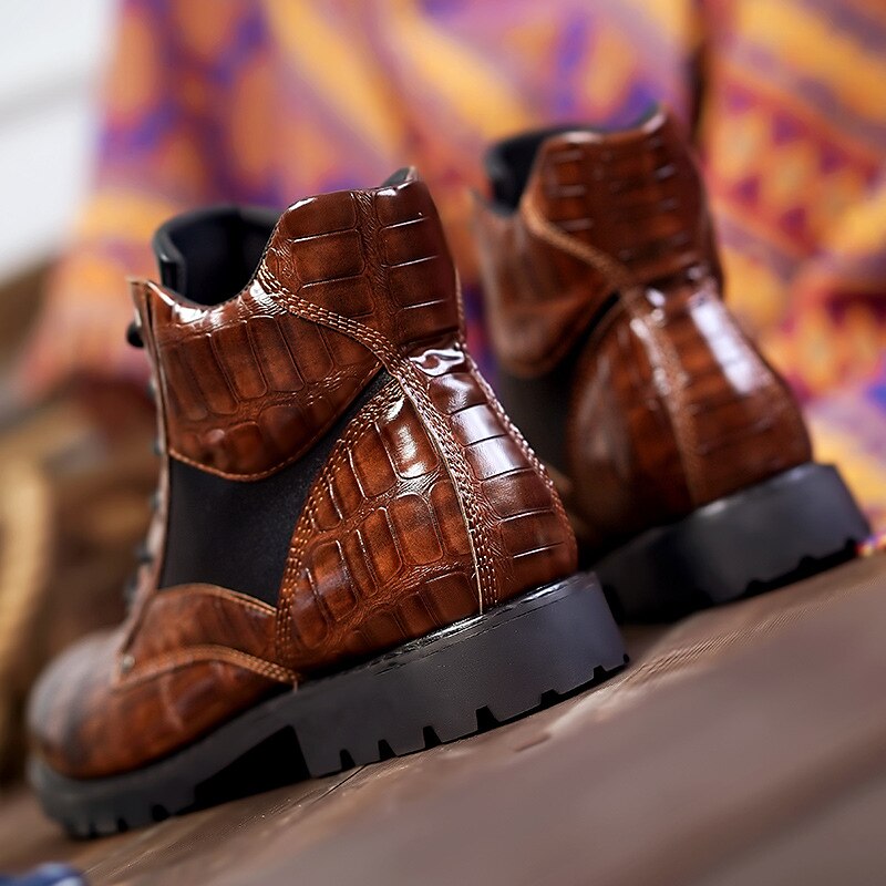 Men's Brown Faux Leather Lace-Up Boots with Crocodile Pattern and Rugged Sole, Stylish and Durable for Outdoor and Casual Wear 2025 - $59.99 –P2