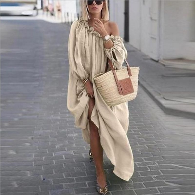 naisten vapaa-ajan mekko keinu mekko boho mekko pitkä mekko maxi mekko aprikoosinvihreä sininen pitkähihainen puhdas väri rypytetty talvi syksy kevät yksi olka muoti talvimekko päivittäinen loma 2025 - $31.99 –P3