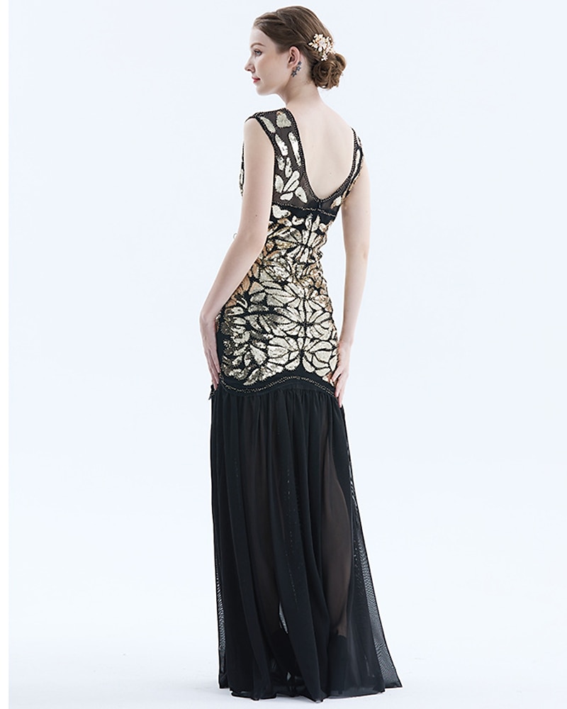 Roaring jaren '20 Jaren 1920 Cocktail jurk Tot de grond Flapper jurk Jurken Gala jurk Mouwloos The Great Gatsby Charleston Bruiloftsgast Pailletten Kant Blad Kwastje Dames Halloween Valentijnsdag 2025 - $51.99 –P18