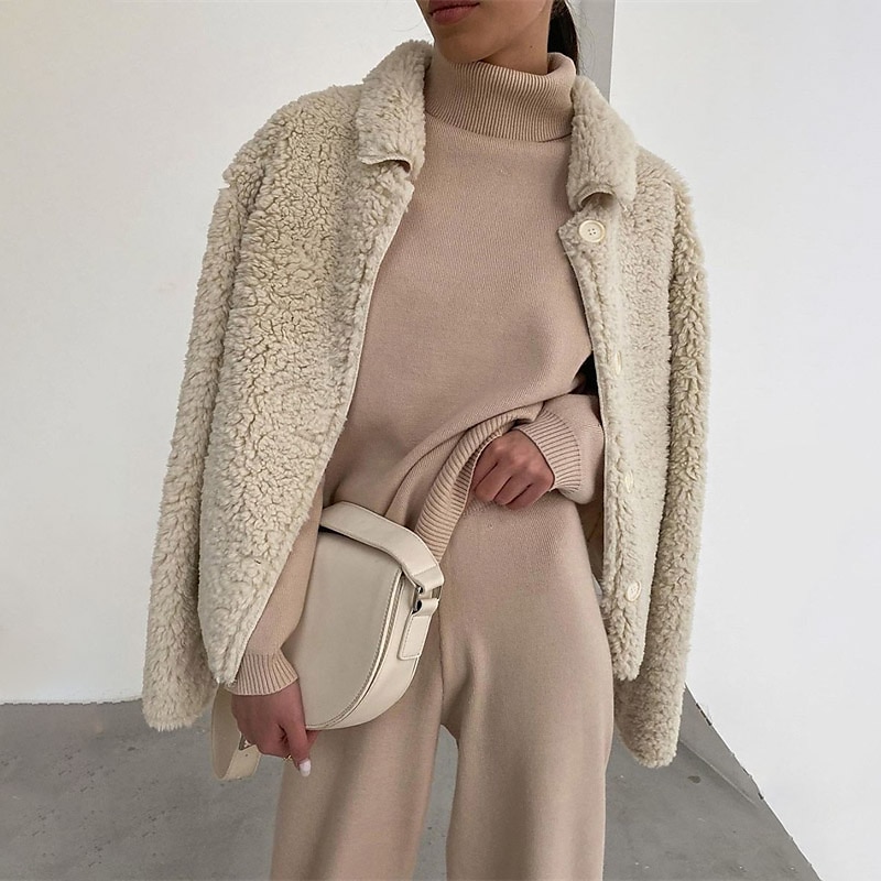 dam loungewear sweatsuit set 2 delar ren färg mode avslappnad komfort hem gå ut flygplats stickad hög hals långärmad pullover byxa höst vinter hem outfits 2025 - $34.99 –P4