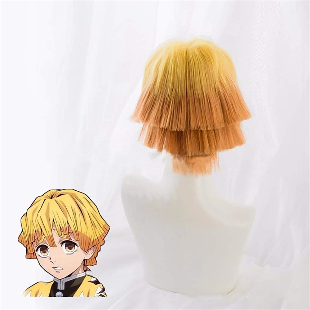 agatsuma zenitsu paruka démon zabiják cosplay paruka žlutá gradient oranžová kudrnaté krátké vlasy pro muže halloween paruky 2025 - $25.99 –P3
