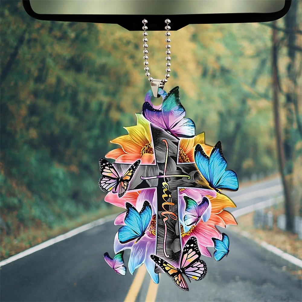korsvinge gud tro ros rosig fjäril kristen minnesmärke jesus bil backspegel tillbehör julgran prydnad dekoration hängande charm interiör bakre hänge dekor gåva 2026 - $12.99 –P7