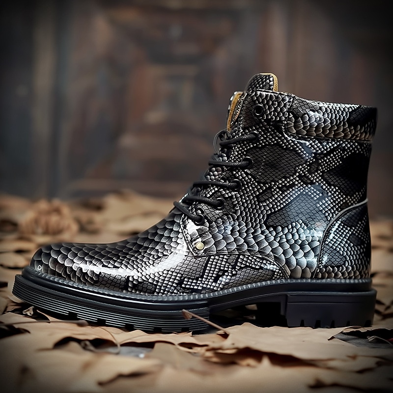 Botines de charol con estampado de pitón azul para hombre con diseño de cordones: botas llamativas y de alto brillo para looks casuales y de noche a la moda 2025 - $64.99 –P4