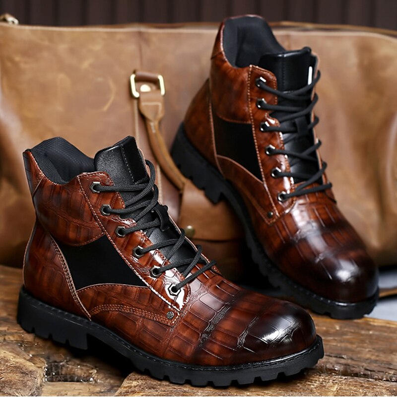 Men's Brown Faux Leather Lace-Up Boots with Crocodile Pattern and Rugged Sole, Stylish and Durable for Outdoor and Casual Wear 2025 - $59.99 –P11