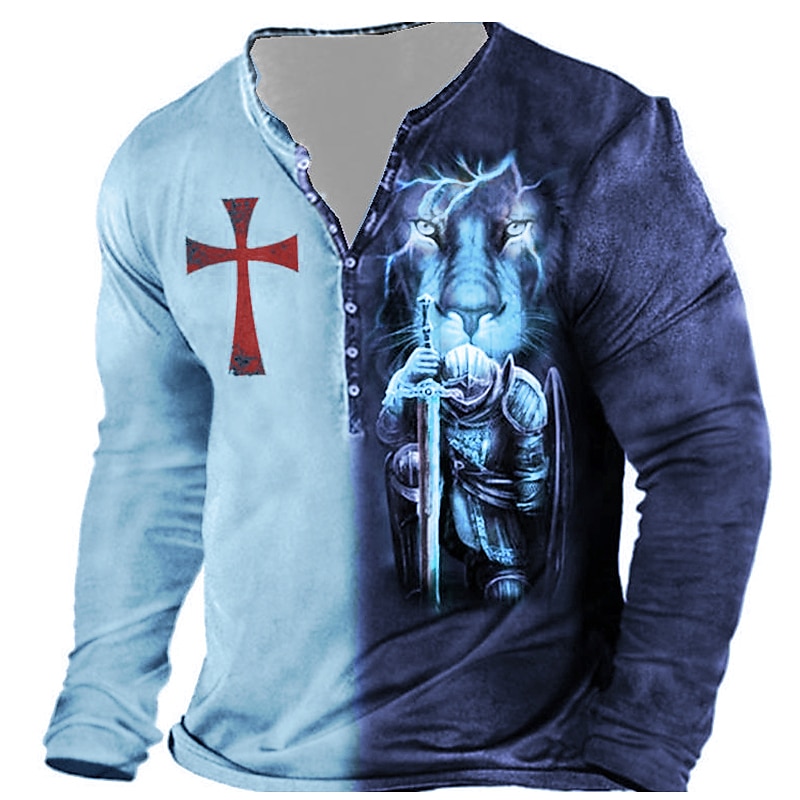 2025年 男性用 グラフィック テンプルクロス 十字架 Tシャツ ヘンリーシャツ 長袖 3Dプリント デザイナー ベーシック クラシック アウトドア 日常 スポーツ 春夏 イエロー ブルー パープル グレー ヘンリー ヘンリーTシャツ コレクション – $25.99 –P3